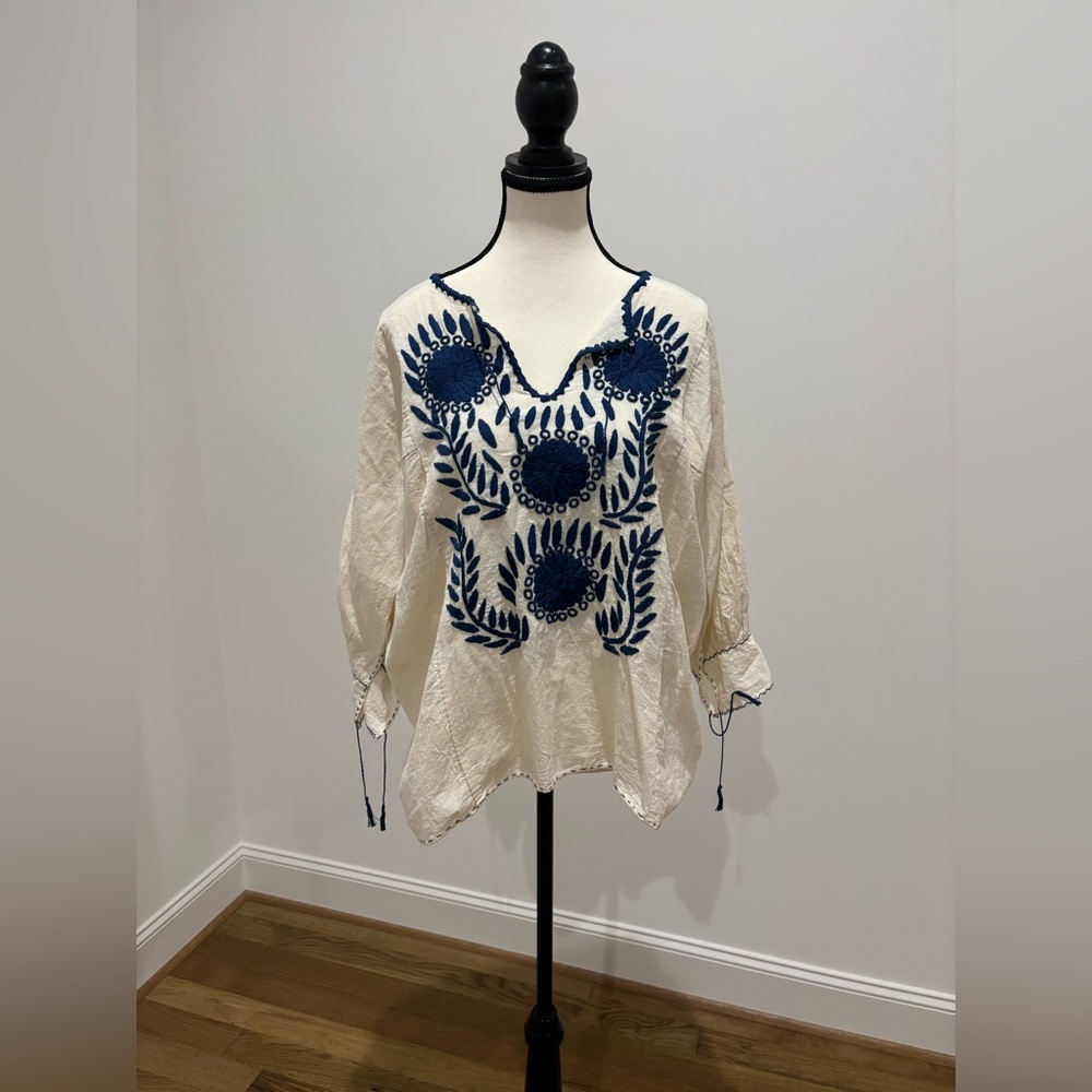 Handmade Oaxacan Embroidered Blouse 🌸 Navy Floral on Ivory